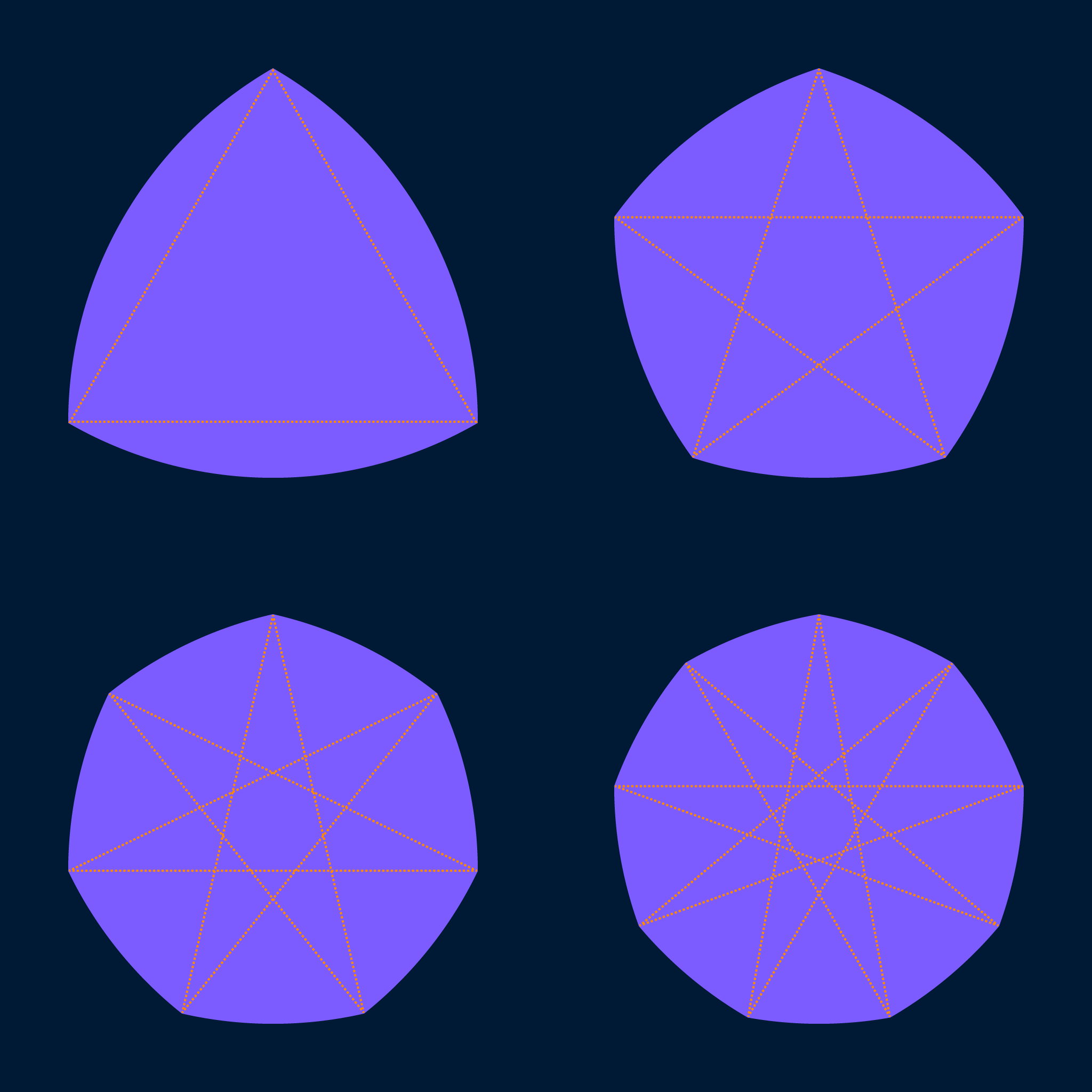 Picture of a regular Reuleaux triangle, pentagon, heptagon, and enneagon (also known as a nonagon).